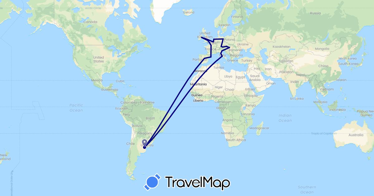 TravelMap itinerary: driving in Argentina, Austria, Belgium, Germany, Spain, France, United Kingdom, Hungary, Ireland, Italy, Netherlands (Europe, South America)